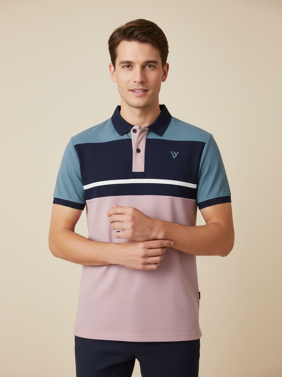 LV Summer Polo Shirt For Men-Pink with Navy & Bond Blue Panel-BE879/BR13117