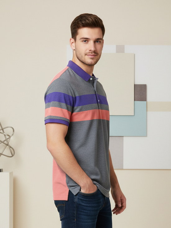 NXT Summer Polo Shirt For Men-Slate Blue Melange with Purple & Pink Stripe-SP1448/RT2336