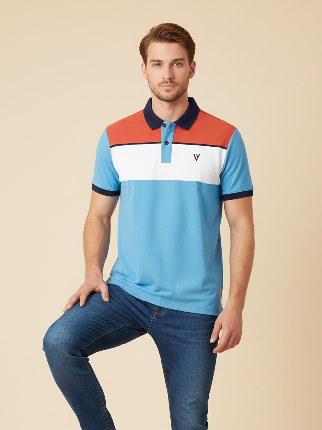 LV Summer Polo Shirt For Men-Sky with White & Coral Orange Panel-BE776/BR13023