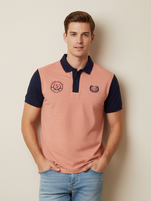 LV Summer Polo Shirt For Men-Light Orange Melange & Dark Navy-BE852
