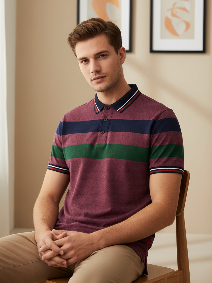 LV Summer Dry Fit Polo Shirt For Men-Light Maroon with Stripe-BE1502/BR13746