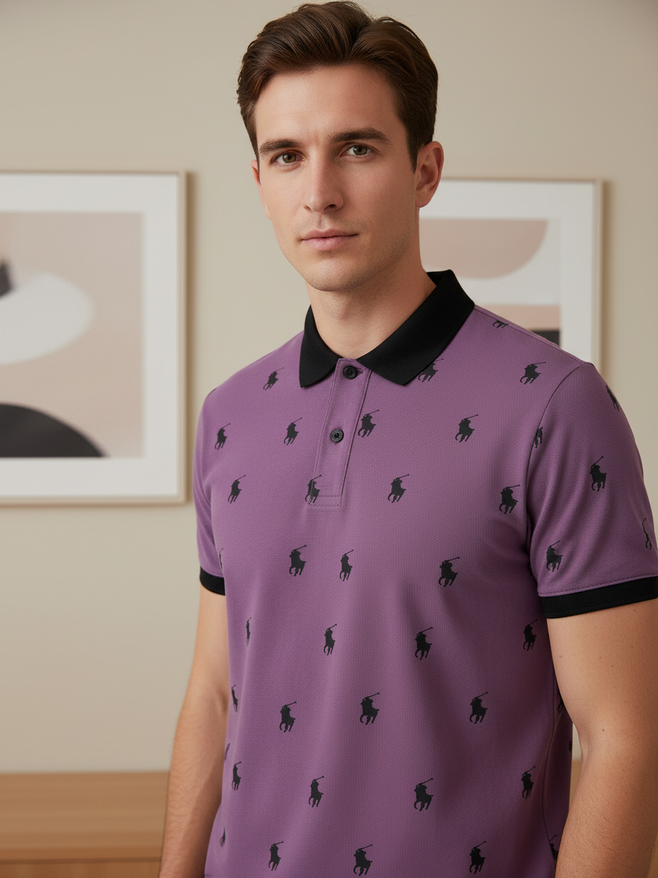 PRL Summer Polo Shirt For Men-Purple with Allover Print-BE749/BR12997