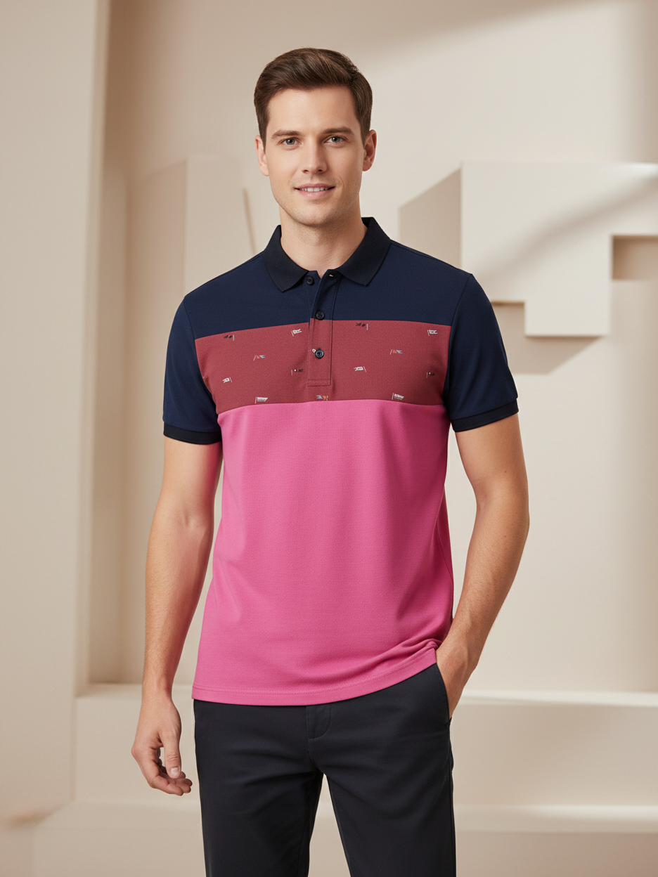 NXT Summer Polo Shirt For Men-Pink with Navy & Red Stripe-BE757/BR13004