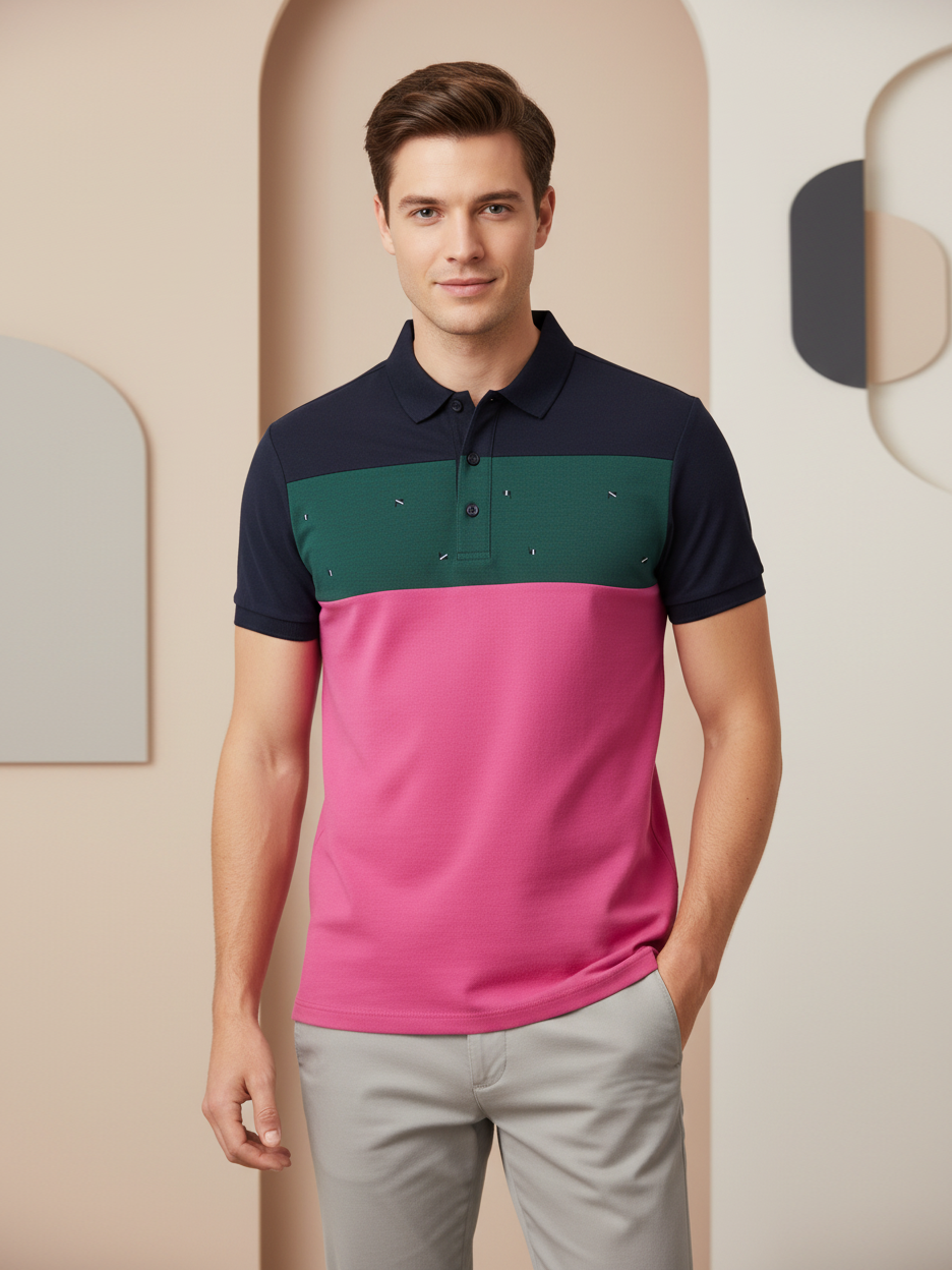 NXT Summer Polo Shirt For Men-Pink with Navy & Green-BE685/BR12938