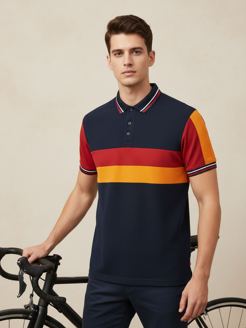 LV Summer Dry Fit Polo Shirt For Men-Navy with Red & Orange Panel-SP2658/RT2532