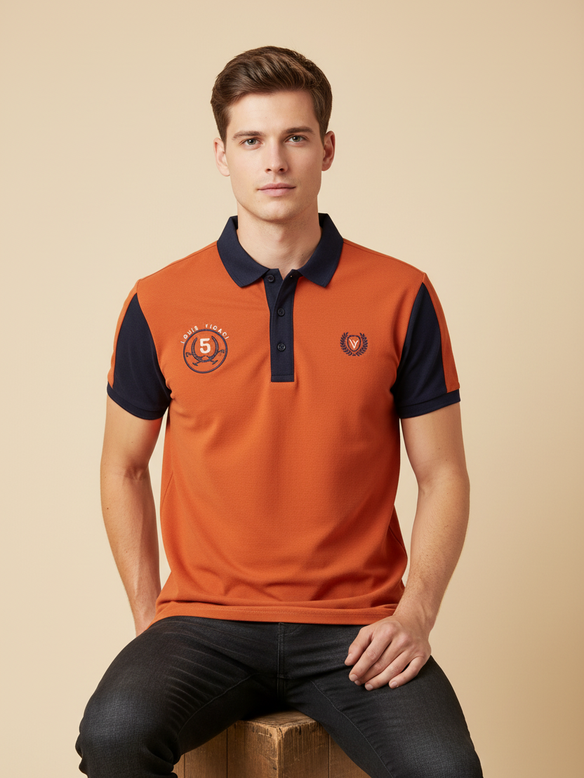 LV Summer Polo Shirt For Men-Orange & Dark Navy-SP1544/RT2365