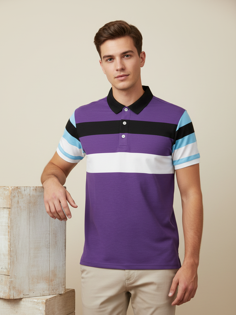 NXT Summer Polo Shirt For Men-Purple Melange & Navy-BE684/BR12937