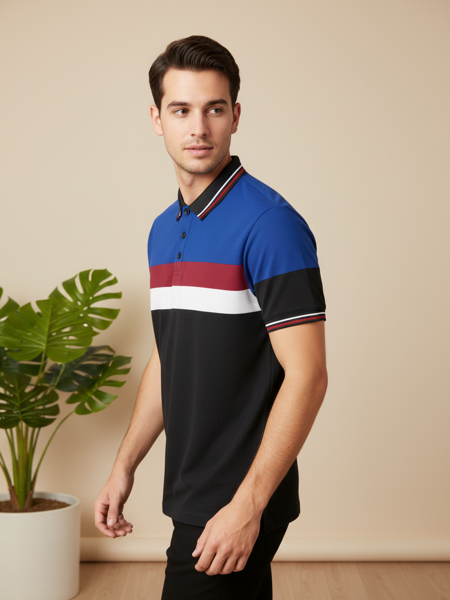 LV Summer Dry Fit Polo Shirt For Men-Black with Red & Blue Panels-BE1344/BR13586