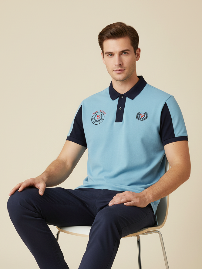 LV Summer Polo Shirt For Men-Sky & Dark Navy-BE859