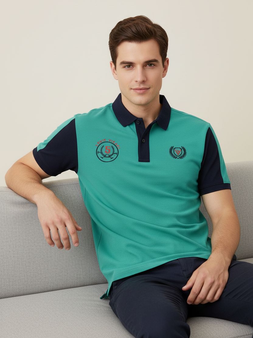 LV Summer Polo Shirt For Men-Light Cyan Green & Dark Navy-BE866