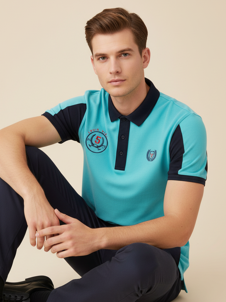 LV Summer Polo Shirt For Men-Sky Blue & Dark Navy-SP1545