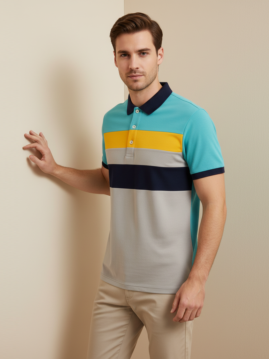 NXT Summer Polo Shirt For Men-Grey with Black, Yellow & Sky Stripe-BE740/BR12990