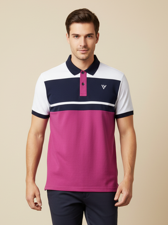 LV Summer Polo Shirt For Men-Magenta with Navy & White Panel-BE874/BR13112
