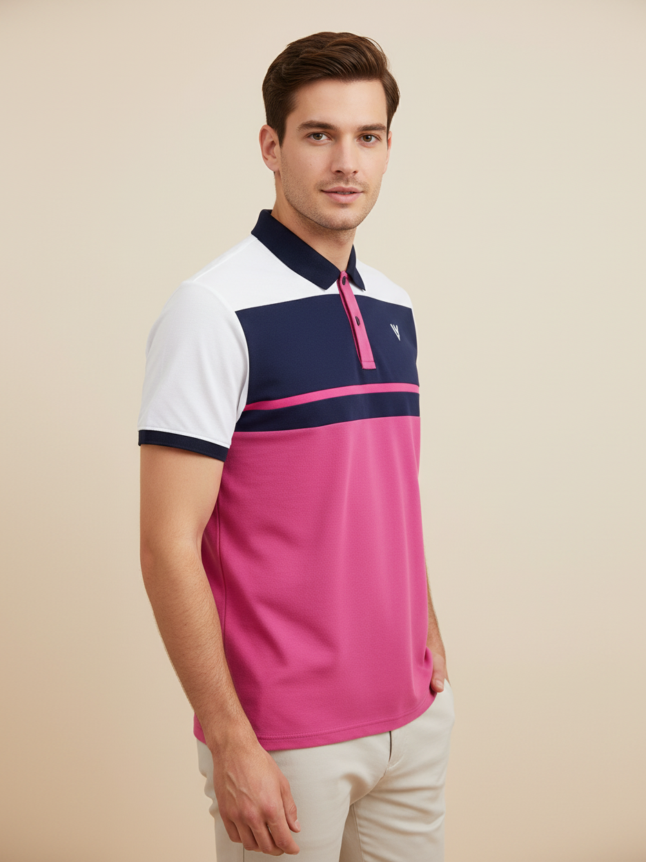 LV Summer Polo Shirt For Men-Pink with Navy & White Panel-BE882
