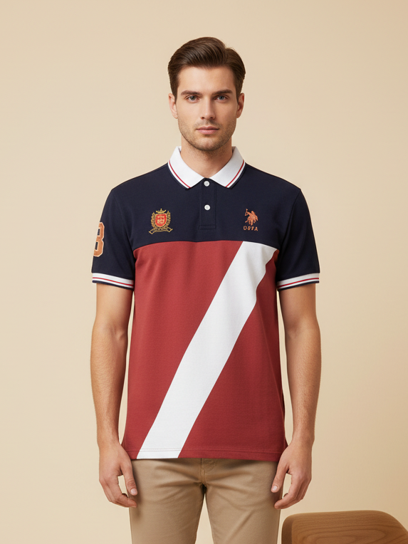 U.S Polo Assn. Summer Polo Shirt For Men-Navy with Coral Orange & White Panel-BE782/BR13029