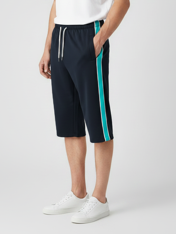 Stylish Knee Length Short For Men-Dark Navy With Cyan Stripe-BE3350