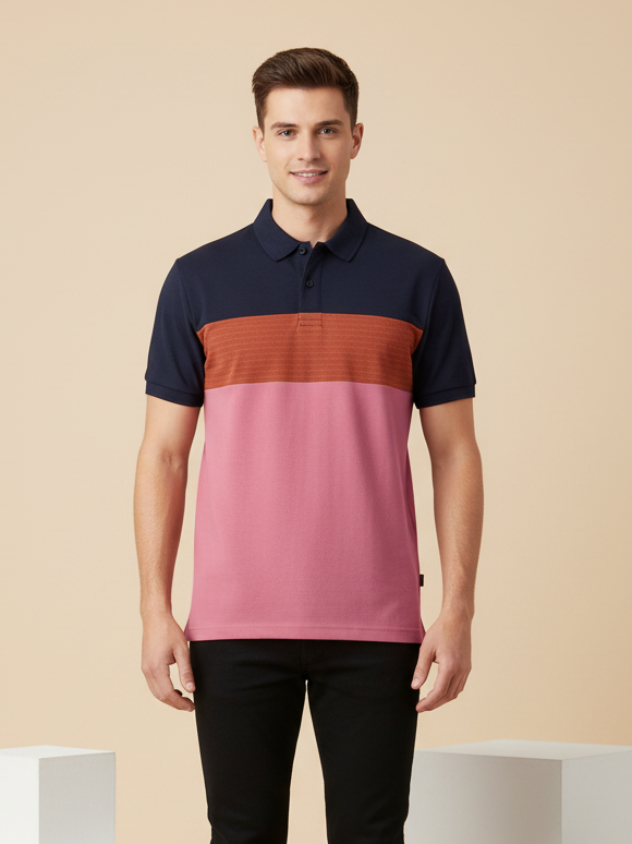 NXT Summer Polo Shirt For Men-Pink & Navy with Maroon Panel-SP1511/RT2352