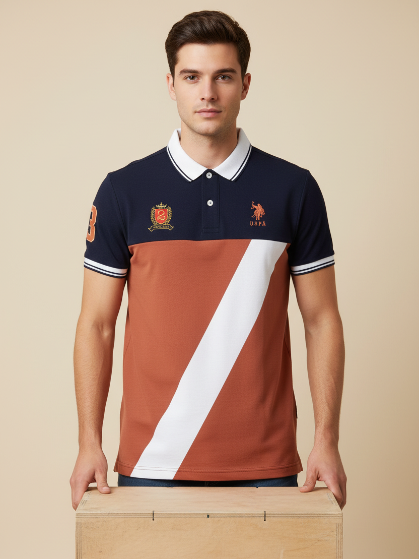U.S Polo Assn. Summer Polo Shirt For Men-Navy with Coral Orange & White Panel-BE781/BR13028