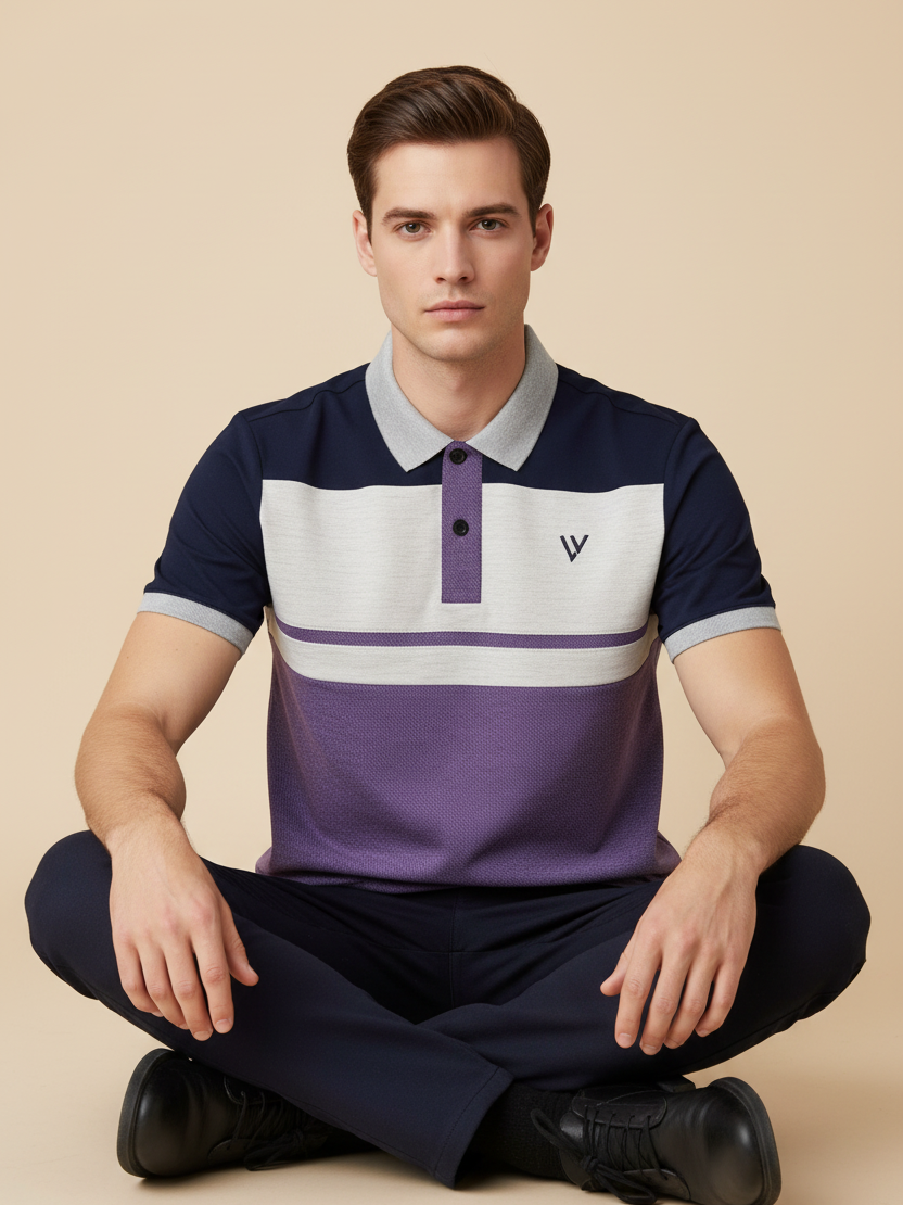 LV Summer Polo Shirt For Men-Purple Melange with White Melange & Navy Panel-BE883