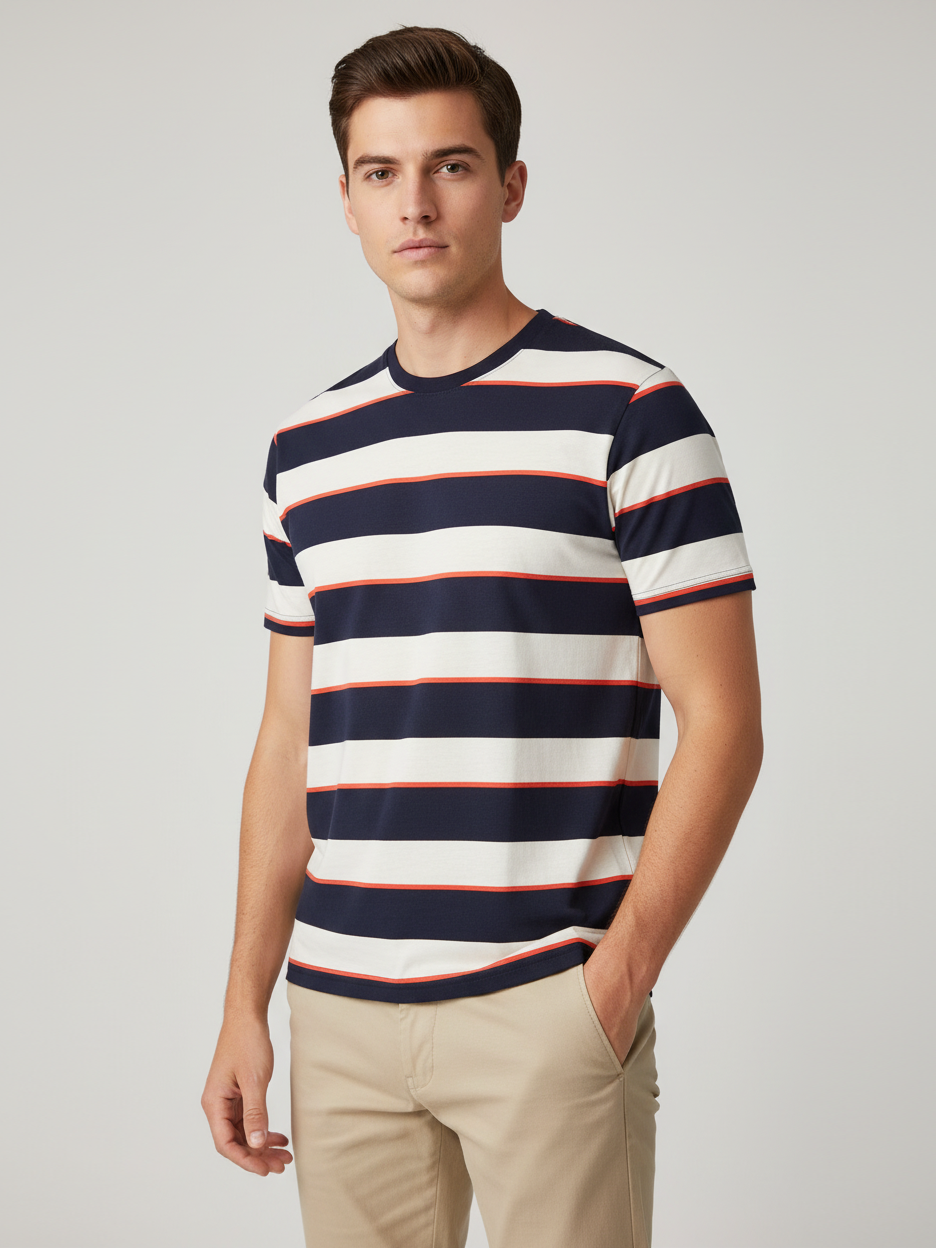 Stylish Striper Single Jersey Summer Crew Neck Tee Shirt For Men-Navy White Stripe-NSK67