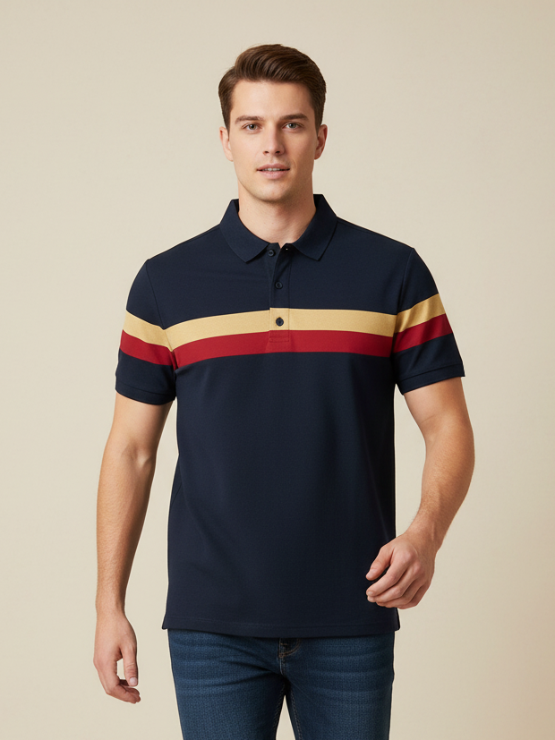 NXT Summer Polo Shirt For Men-Dark Navy With Red & Yellow Stripe-BE700/BR12953