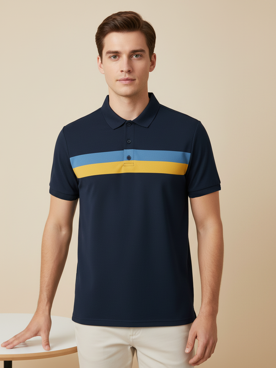 NXT Summer Polo Shirt For Men-Dark Navy With Yellow & Sky Stripe-BE708/BR12961