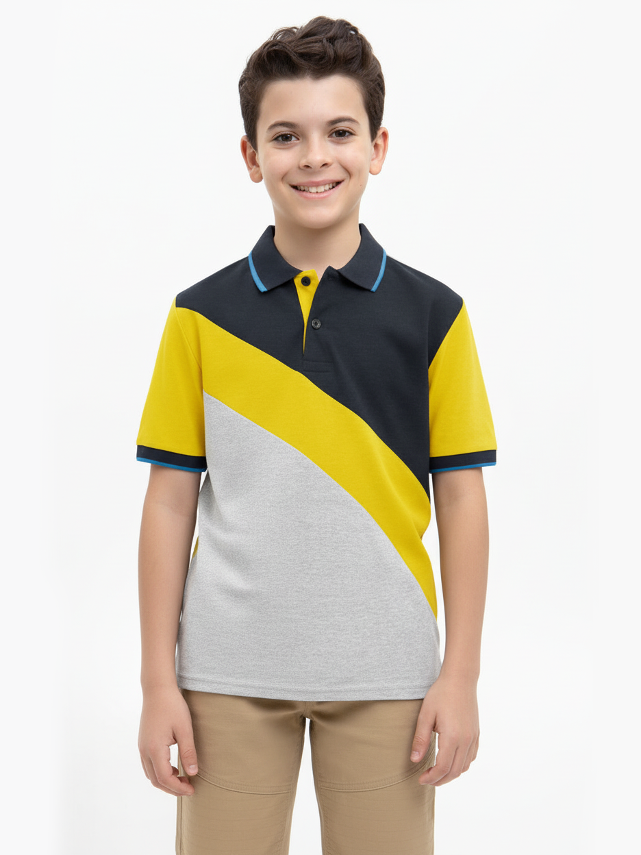Champion Single Jersey Polo Shirt For Kids-Grey Melange with Yellow & Navy Panels-SP1722/RT2424