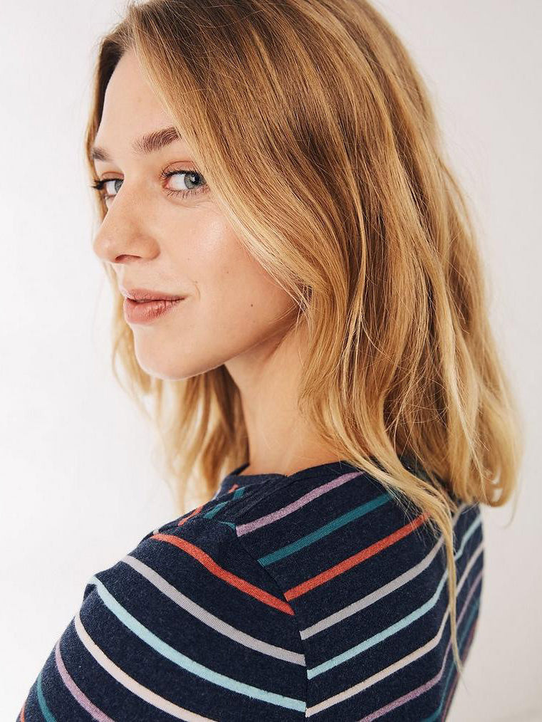 Nxt Long Sleeve Crew Neck Jersey Lycra Strech Blouse For Ladies-Navy With Stripes-RZ24