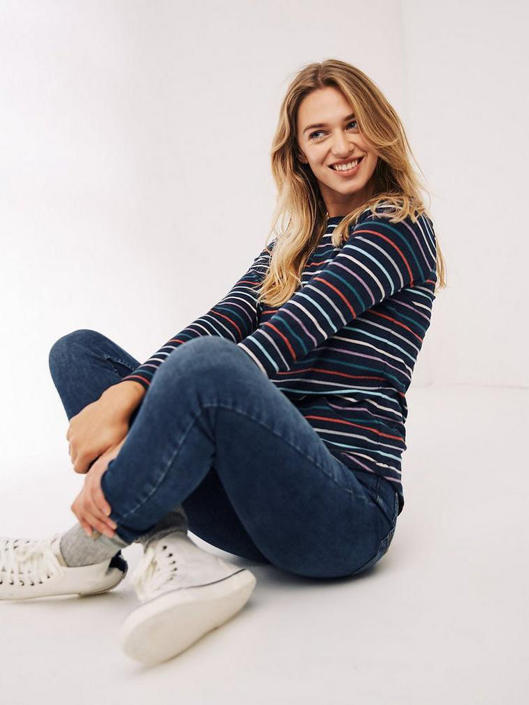 Nxt Long Sleeve Crew Neck Jersey Lycra Strech Blouse For Ladies-Navy With Stripes-RZ24