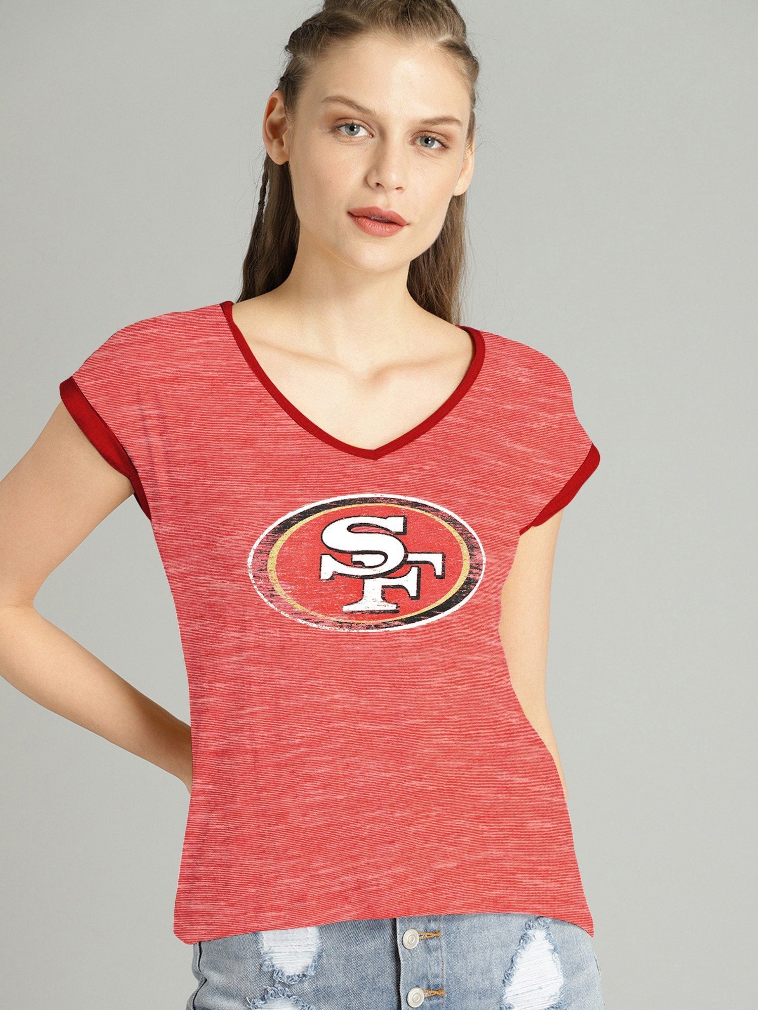 NFL Single Jersey Boxy V Neck Tee Shirt For Ladies-Red Melange-SP1974