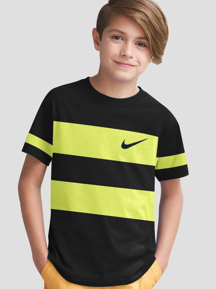 NK Crew Neck Single Jersey Tee Shirt For Kids-Black with Yellow Panels-SP2270