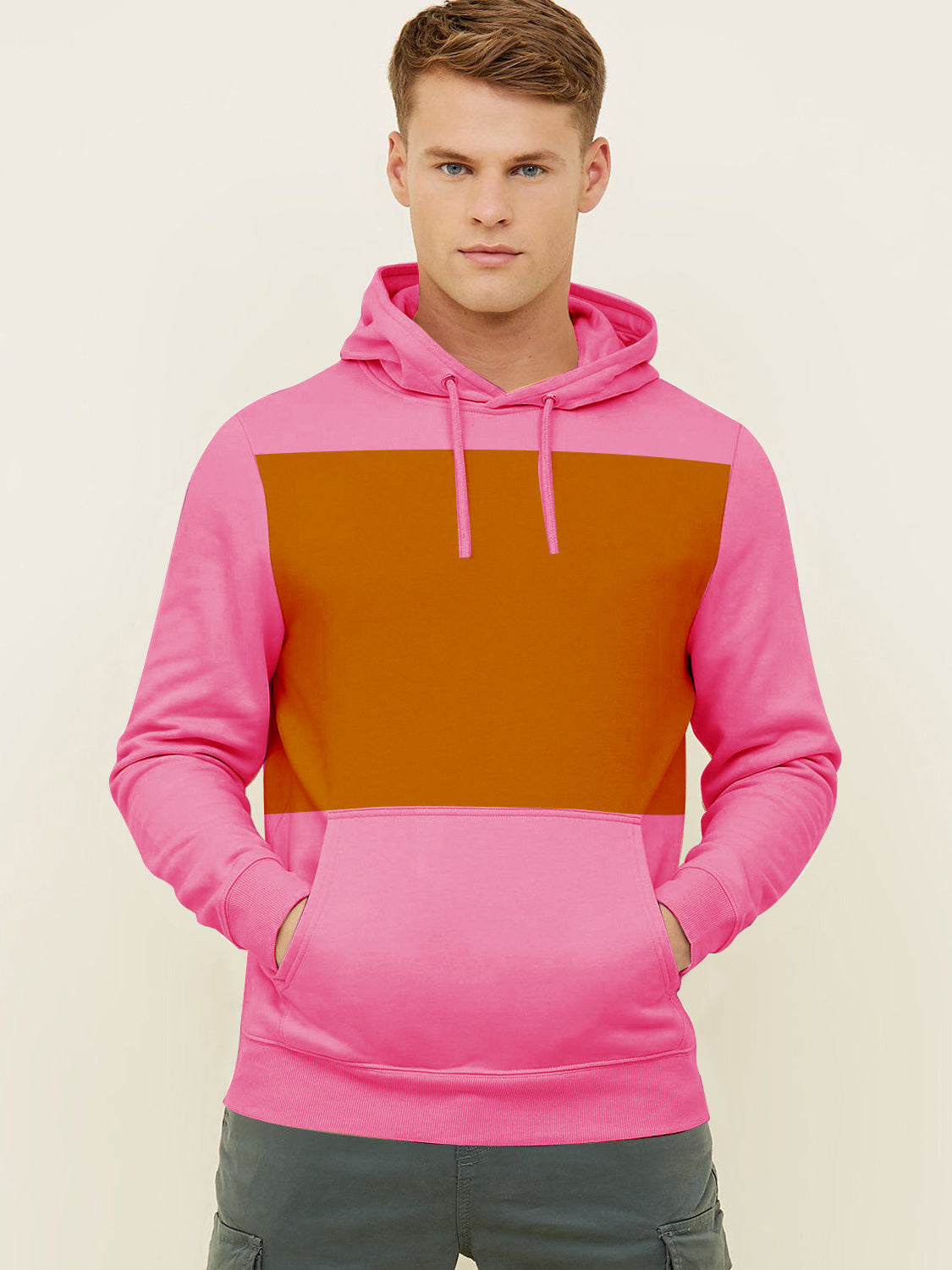 Next Fleece Pullover Hoodie For Men-Pink With Golden Panel-SP673