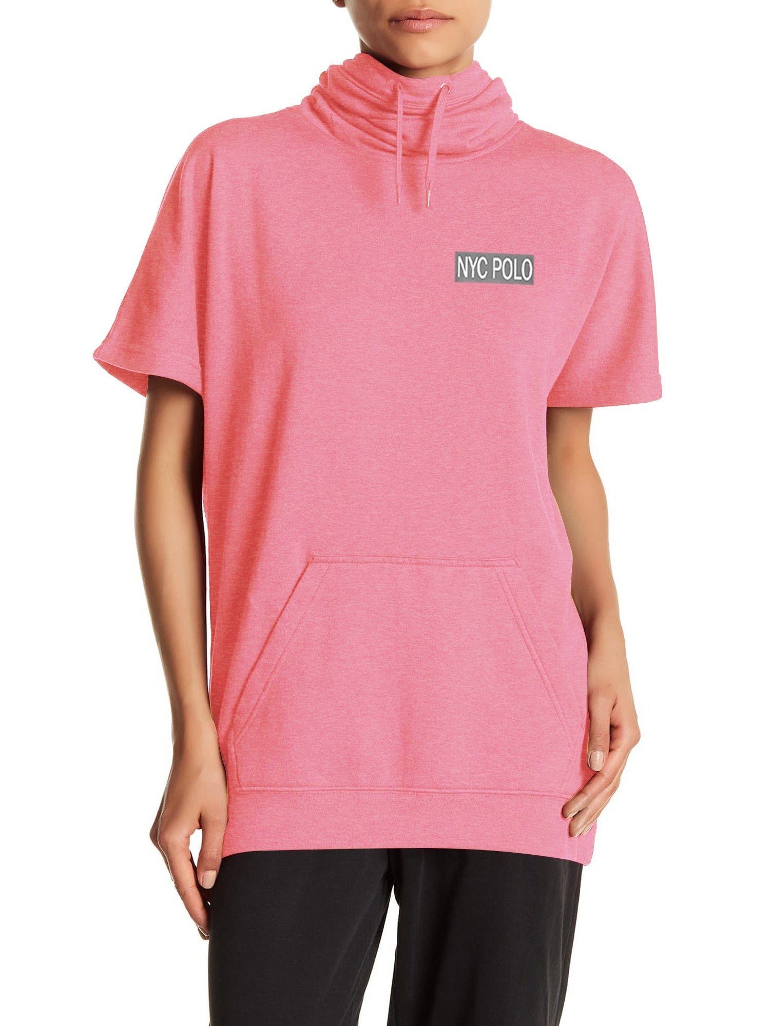 Nyc Polo Fleece Short Sleeve Hoodie For Ladies-Pink Melange-SP1551