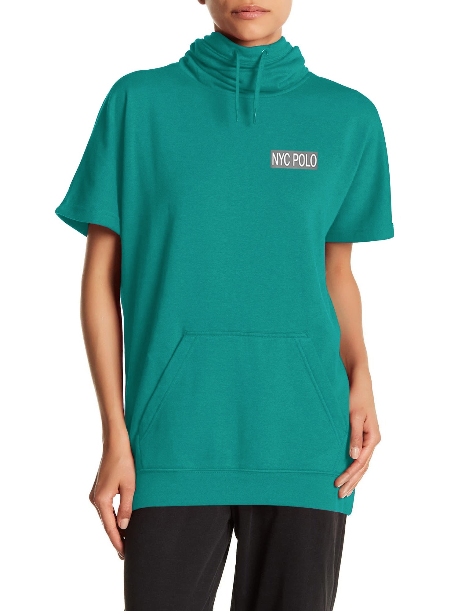 Nyc Polo Fleece Short Sleeve Hoodie For Ladies-Cyan Blue-SP1565