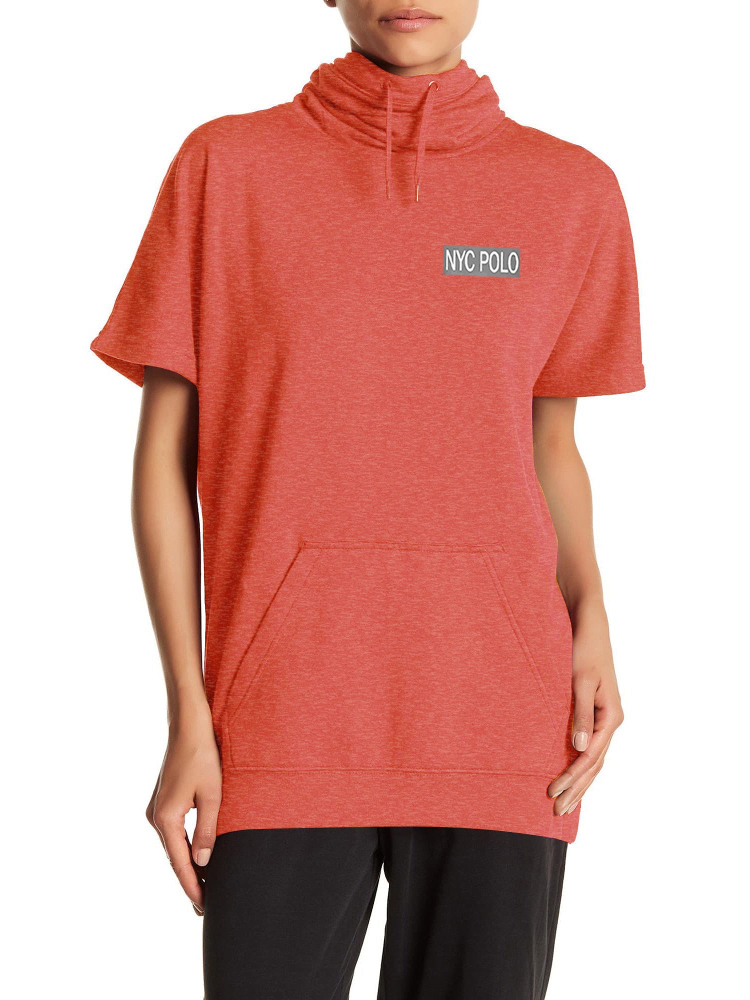 Nyc Polo Fleece Short Sleeve Hoodie For Ladies-Carrot Red Melange-SP1550