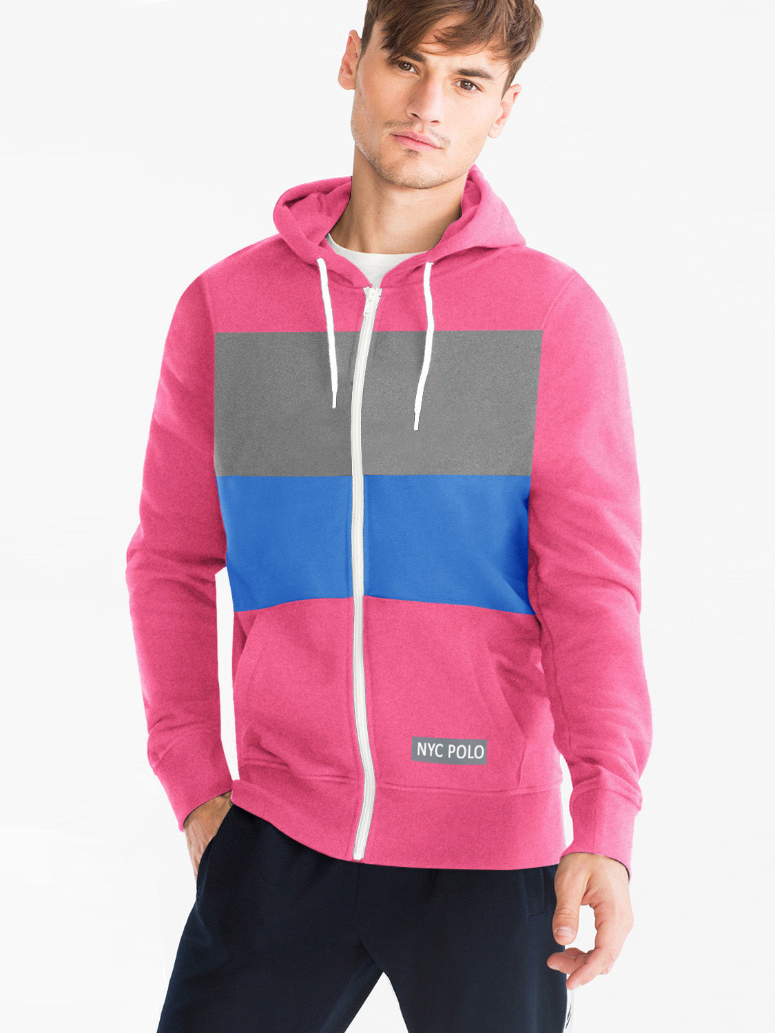 Nyc Polo Fleece Zipper Hoodie For Men-Pink with Panels-SP493