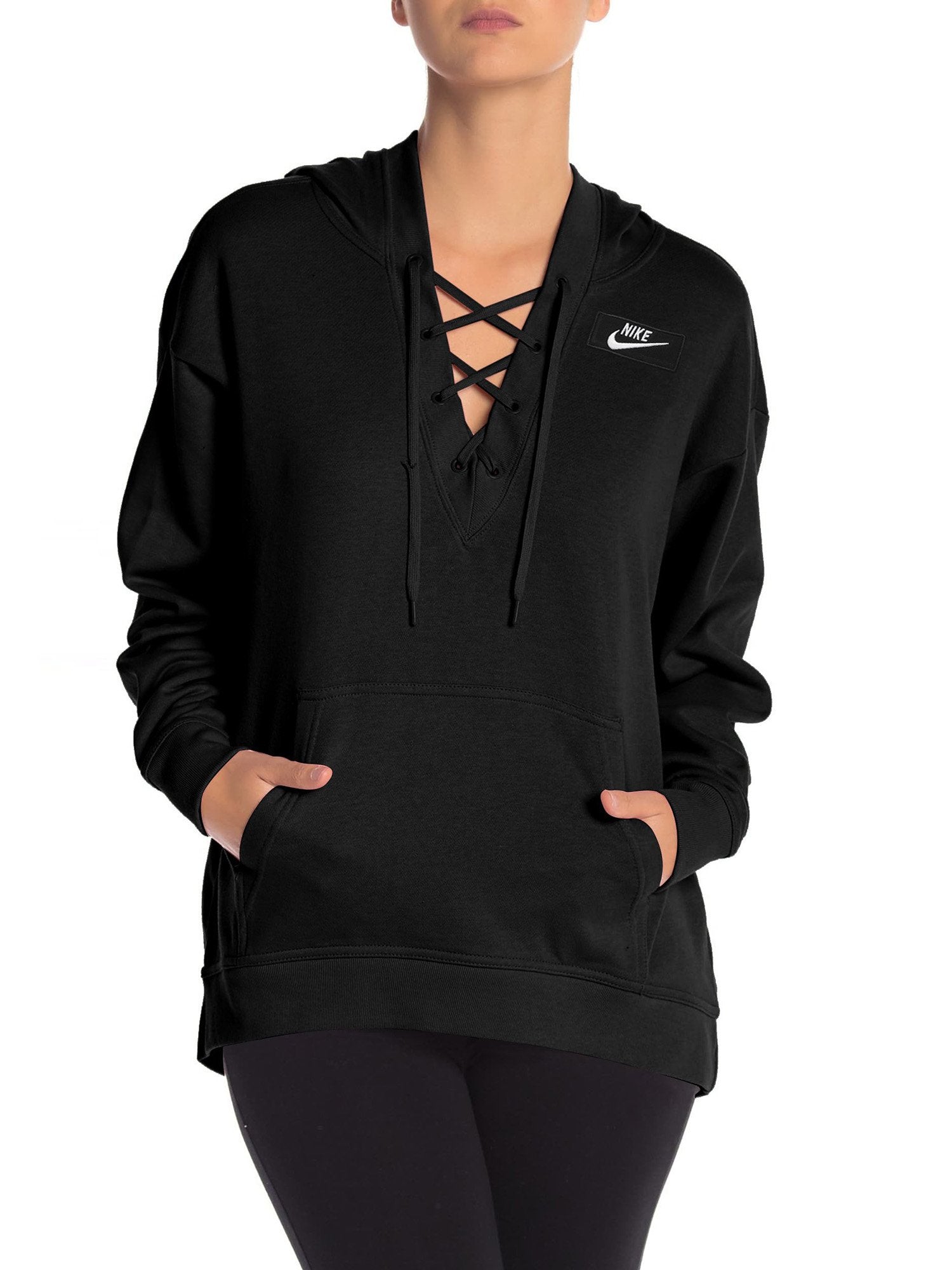 NK Terry Fleece Lace Up Hoodie For Ladies-Black-BE195/BR996