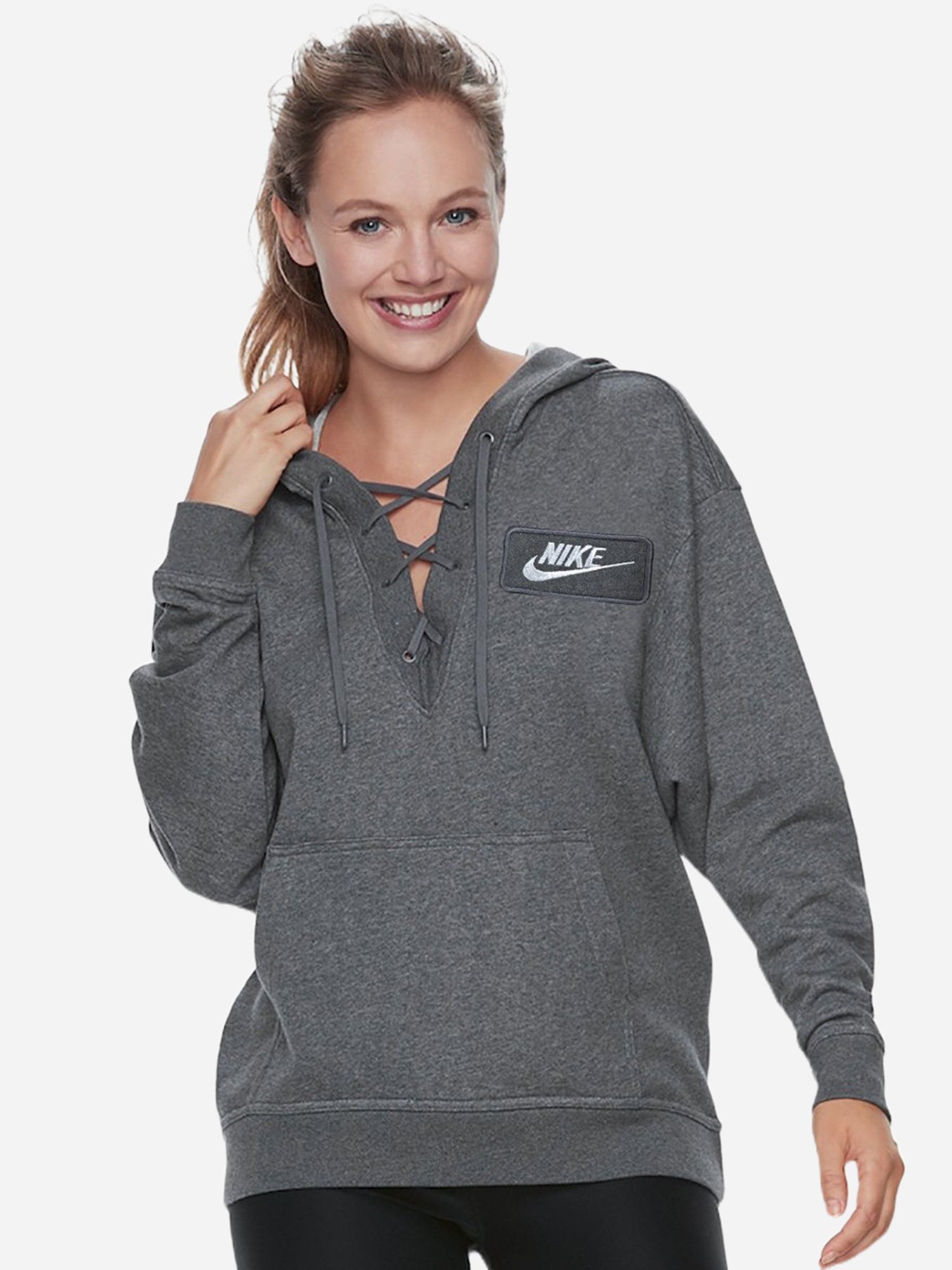 NK Terry Fleece Lace Up Hoodie For Ladies-Charcoal Melange-SP419
