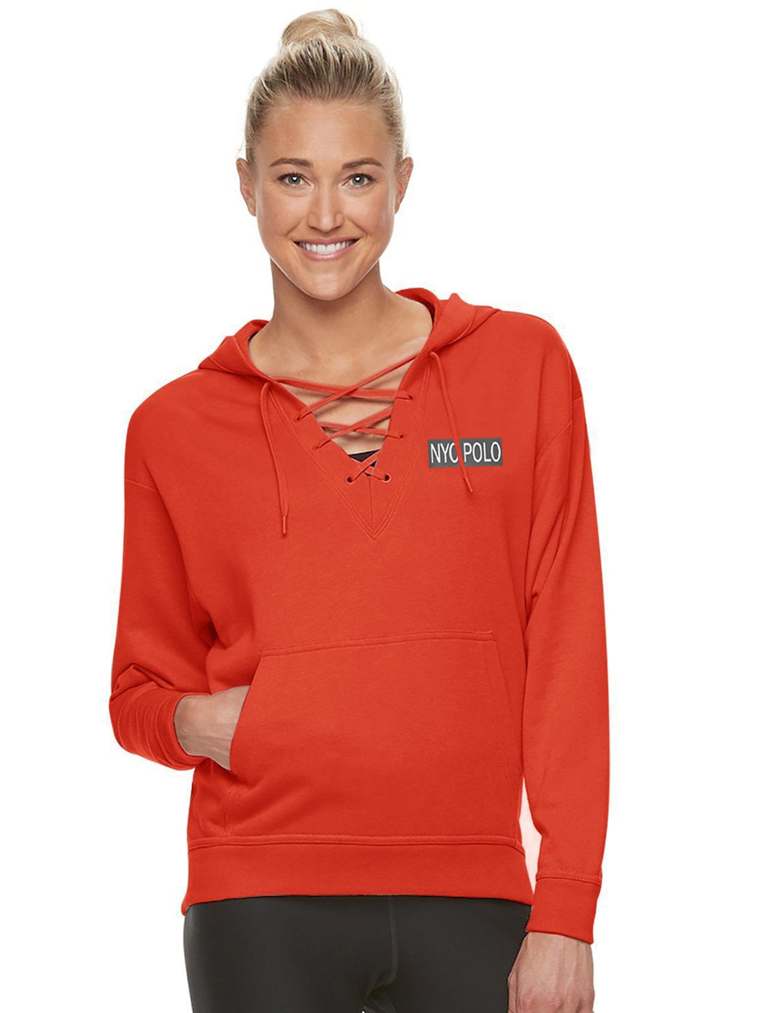 Nyc Polo Terry Fleece Lace Up Hoodie For Ladies-Orange-SP1497