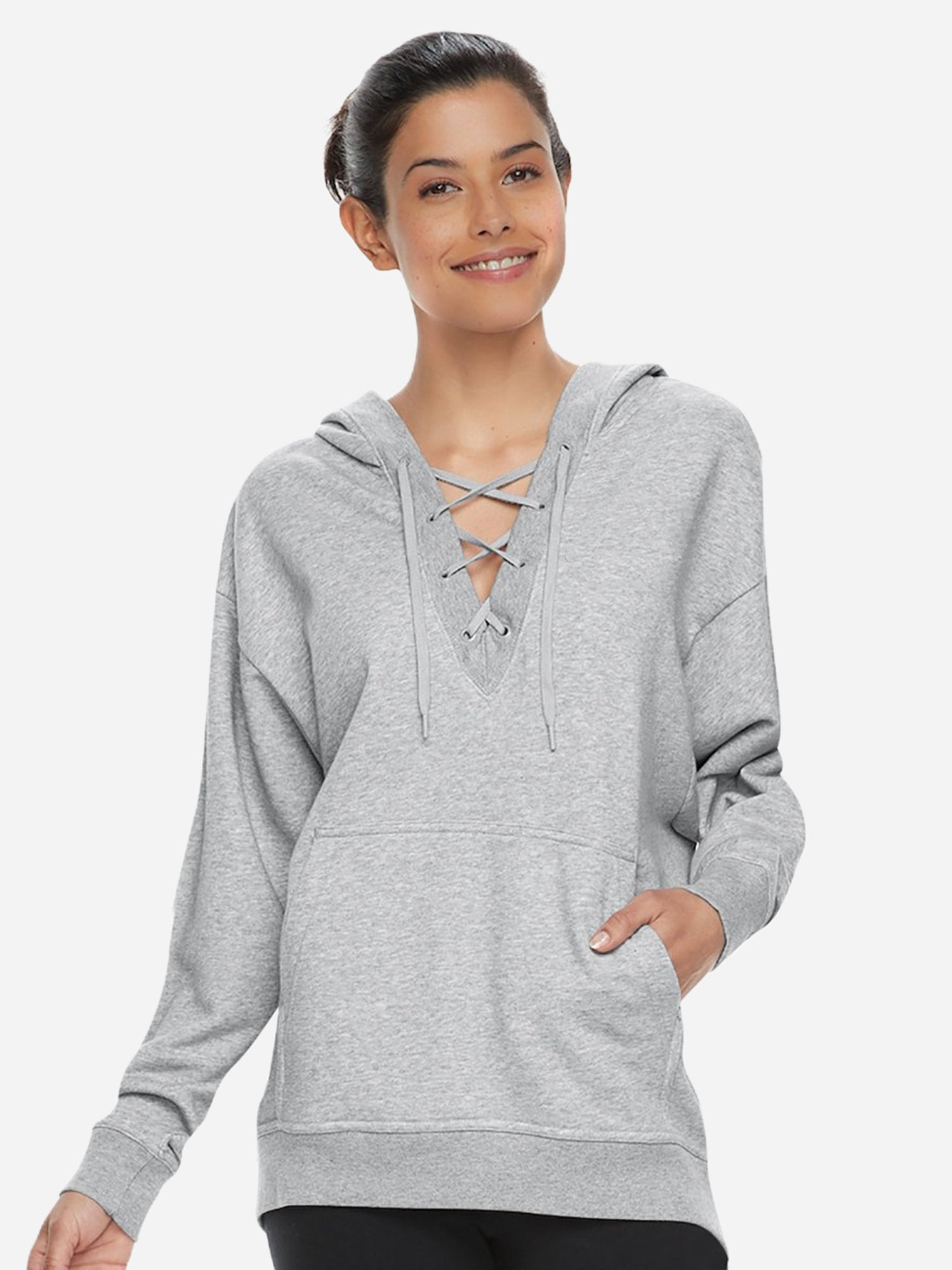 NK Terry Fleece Lace Up Hoodie For Ladies-Grey Melange-RT884