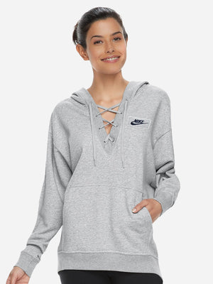 NK Terry Fleece Lace Up Hoodie For Ladies-Grey Melange-RT884