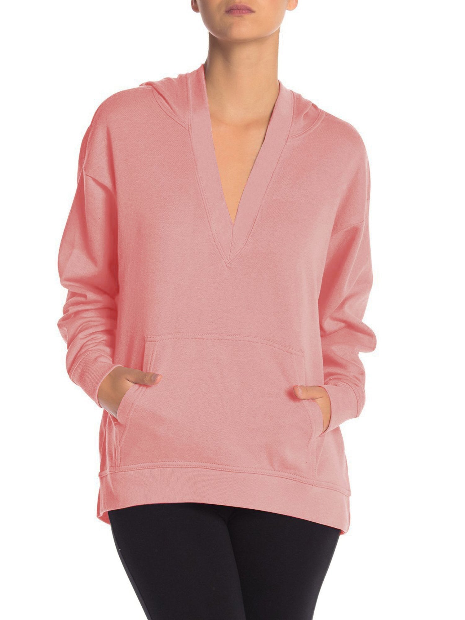 NK Terry Fleece Long V Neck Hoodie For Ladies-Light Pink-BE191