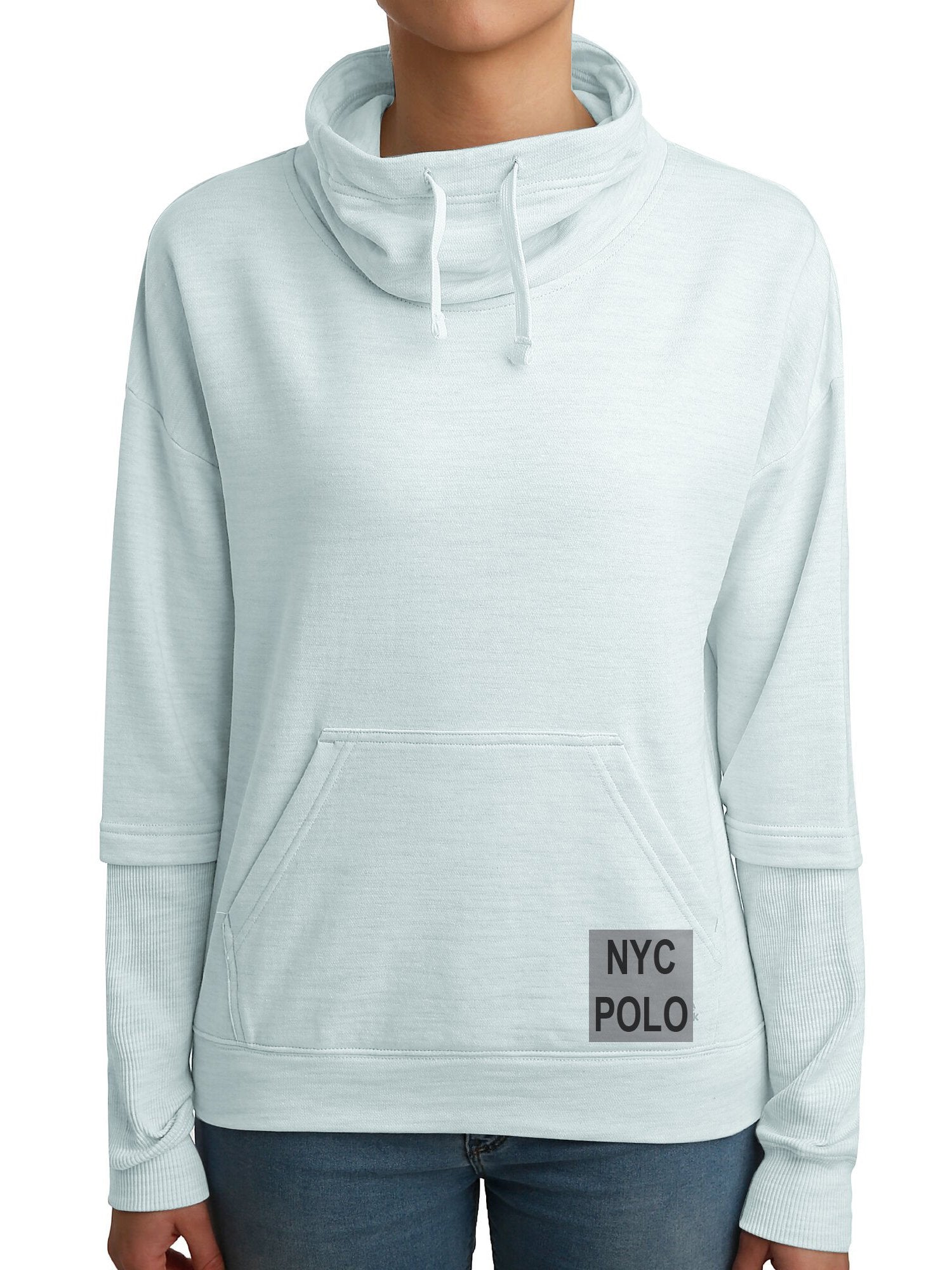 NYC Polo Fleece Cowl Neck Hoodie For Ladies-Ice Mint Melange-SP1316
