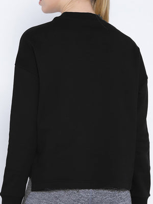 NYC Polo Terry Fleece ES FT Crew Neck Solid Sweatshirt For Ladies-Black-SP1307