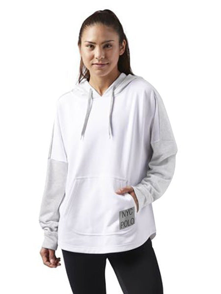 NYC Polo Terry Fleece Essential Pullover Hoodie For Ladies-White & Grey Melange-SP420