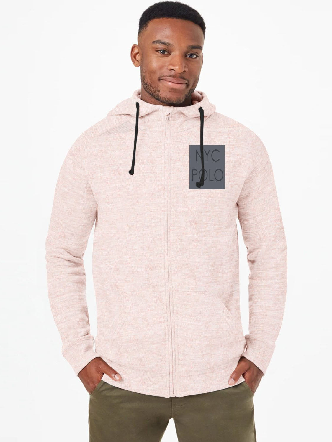 NYC Polo Terry Fleece Zipper Hoodie For Men-Off White with Pink Melange-BE13493/SP59