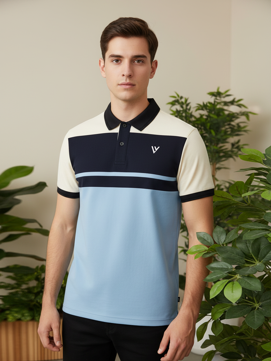 LV Summer Polo Shirt For Men-Sky with Navy & Off White Panel-BE875/BR13113