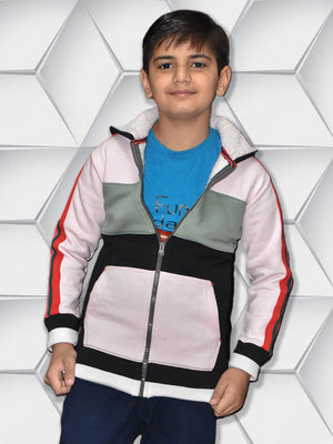 NXT Inner Fur Hood Fleece Full Zipper Hoodie For Kids-Light Pink with Blak Panel & Multi Stripes-BE2415/BR14479