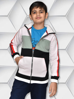 NXT Inner Fur Hood Fleece Full Zipper Hoodie For Kids-Light Pink with Blak Panel & Multi Stripes-BE2415/BR14479