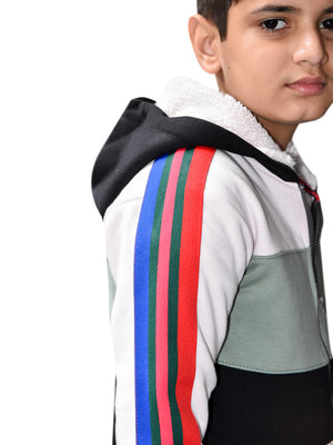 NXT Inner Fur Hood Fleece Full Zipper Hoodie For Kids-Light Pink with Blak Panel & Multi Stripes-BE2415/BR14479